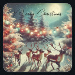 Vintage Reindeers and Christmas Lights   Square Sticker<br><div class="desc">Christmas stickers with ai art depicting a beautiful watercolor rendition of reindeer running through the pine trees on Christmas Eve.</div>