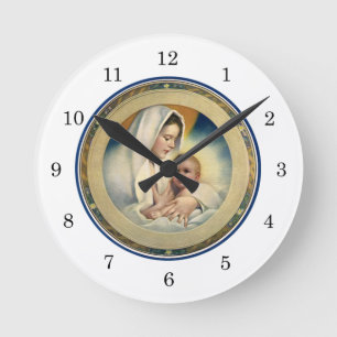 Vintage Relgious Christmas, Madonna and Child Round Clock