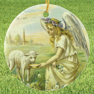 Vintage Religion, Victorian Easter Angel with Lamb Ceramic Tree Decoration
