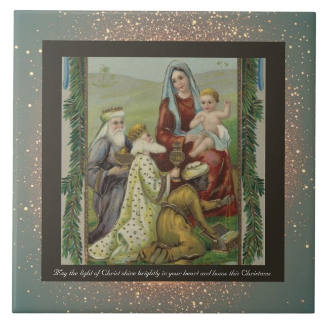 Vintage Religious Christmas Ceramic Tile + wishes (Front)