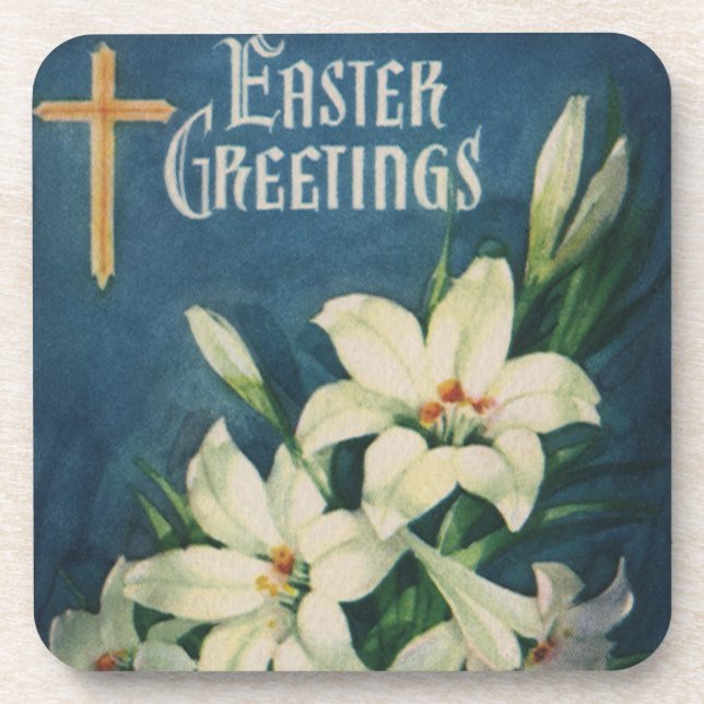 Vintage Religious Easter Greetings, Lily Flowers Coaster (Front)