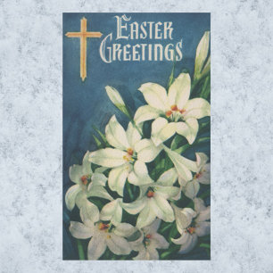 Vintage Religious Easter Greetings, Lily Flowers Rectangular Sticker