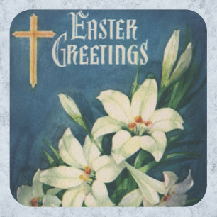 Vintage Religious Easter Greetings, Lily Flowers Square Sticker
