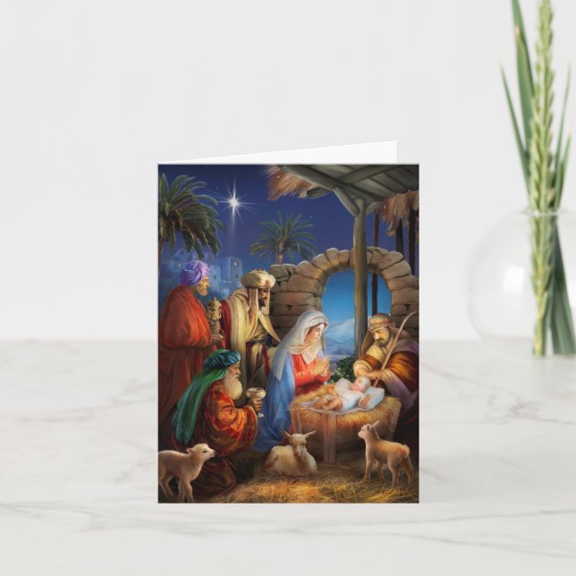 Vintage religious holiday nativity scene card (Front)