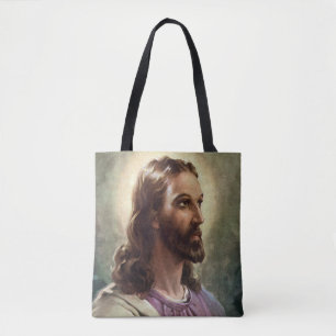 Vintage Religious, Jesus Christ Portrait with Halo Tote Bag