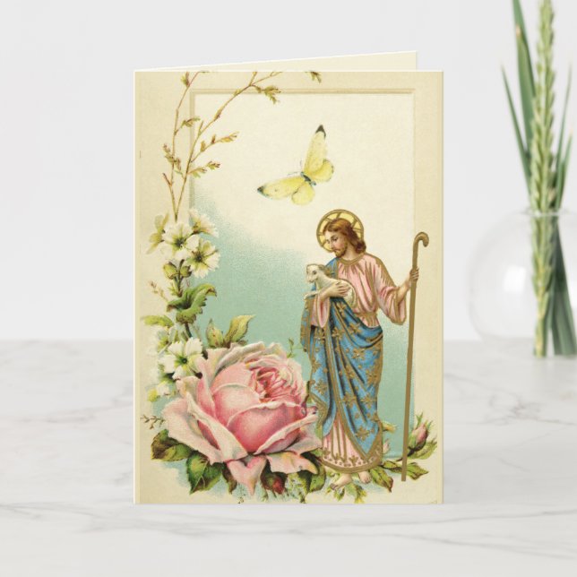 Vintage Religious Jesus Good Shepherd Floral Card (Front)