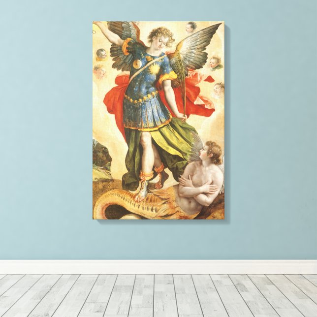 Vintage Religious, Saint Michael Defeats Lucifer Canvas Print (Insitu(Wood Floor))