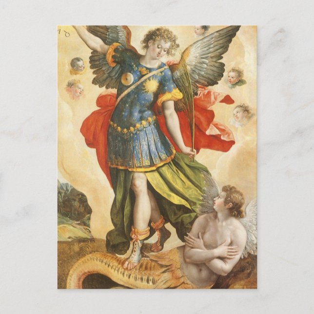 Vintage Religious, Saint Michael Defeats Lucifer Postcard (Front)