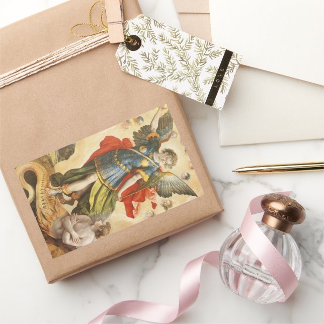 Vintage Religious, Saint Michael Defeats Lucifer Rectangular Sticker (Gifting)