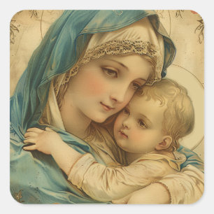 Vintage Religious Virgin Mary Floral Gold Catholic Square Sticker
