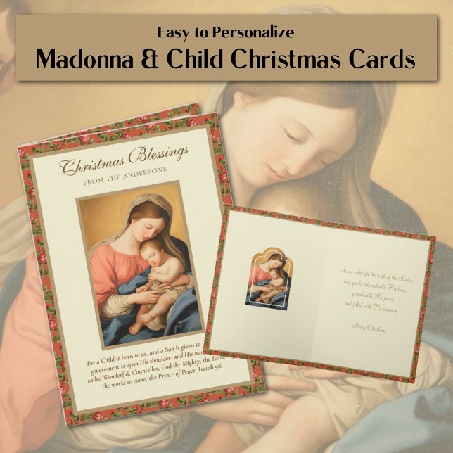 Vintage Religious Virgin Mary Jesus Scripture  Holiday Card (Traditional Religious Vintage Madonna and Baby Jesus with Scripture Verse - Easy to personalize!)