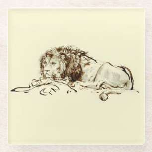 Vintage Rembrandt Ink Sketch / Drawing of a Lion Glass Coaster