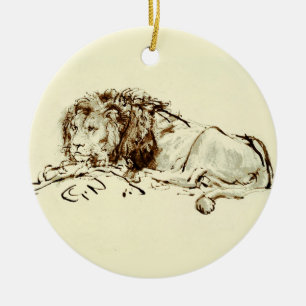 Vintage Rembrandt Ink Sketch of a Lion Ceramic Tree Decoration
