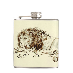 Vintage Rembrandt Ink Sketch of a Lion Hip Flask