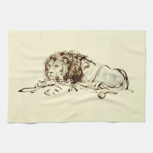 Vintage Rembrandt Ink Sketch of a Lion Tea Towel