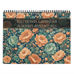 Vintage Renaissance Navy Blue & Copper Peony Flora Calendar
