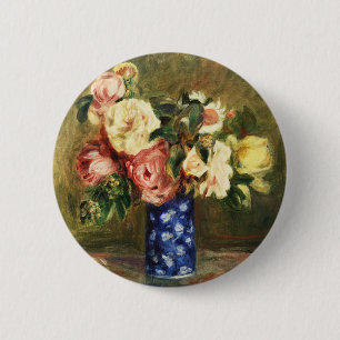Vintage Renoir Pink Rose Bouquet Blue Vase Art 6 Cm Round Badge