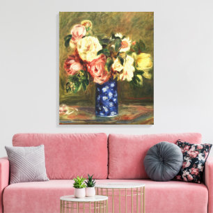 Vintage Renoir Pink Rose Bouquet Blue Vase Art Canvas Print