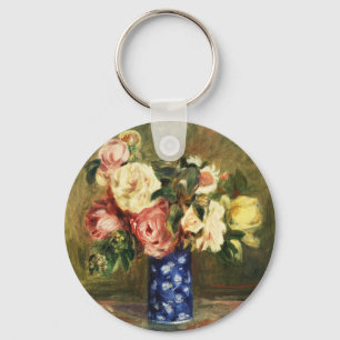 Vintage Renoir Pink Rose Bouquet Blue Vase Art Key Ring