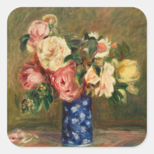 Vintage Renoir Pink Rose Bouquet Blue Vase Art Square Sticker