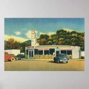 Vintage Restaurant, 50s Drive In Diner and Cars Poster