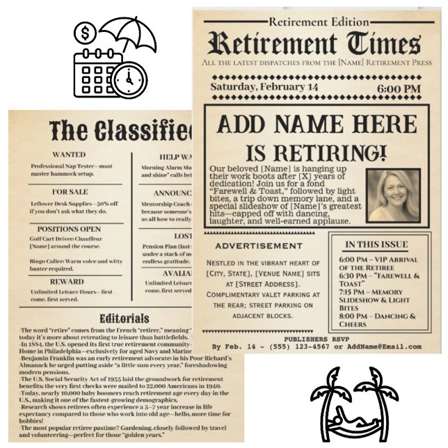 Vintage “Retirement Times” Newspaper Invitation  (Creator Uploaded)