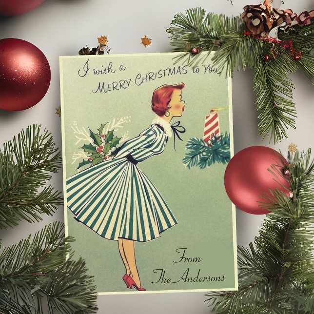 Vintage Retro 1950s Christmas Lady Custom Holiday Card (Vintage Retro 1950s Christmas Lady Custom Holiday Card.  Add your name and a special message!)