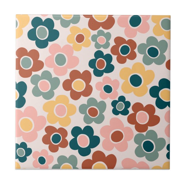 Vintage Retro 60s Colourful Flower Power Tile (Front)
