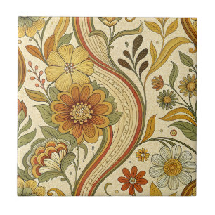 Vintage Retro 70s Flower Power Yellow Floral Art Tile