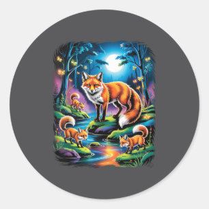 Vintage Retro 90s Airbrushed Forest Fox Family Wil Classic Round Sticker