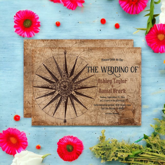 Vintage Retro Ancient Map Ship Classic Wedding Invitation (Creator Uploaded)