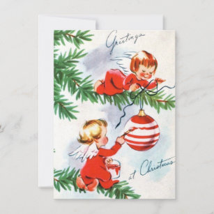 Vintage Retro Angels in Christmas Tree Holiday Card