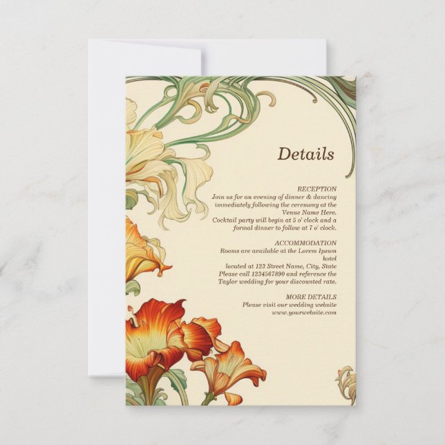 Vintage Retro Art Nouveau Botanical Details RSVP Card (Front)