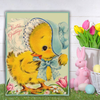 Vintage Retro Baby Chick Easter Greetings Holiday Postcard