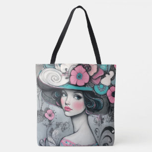 Vintage Retro Beautiful Woman Pink and Teal Tote Bag