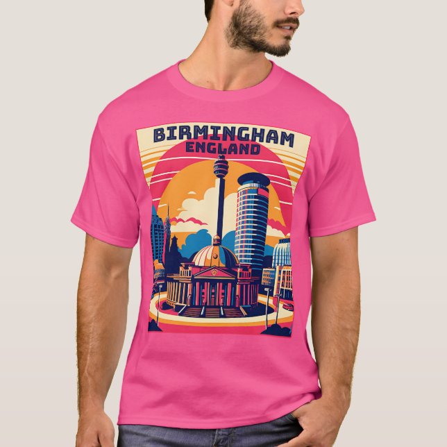 Vintage Retro Birmingham England Landmarks Skyline T-Shirt (Front)