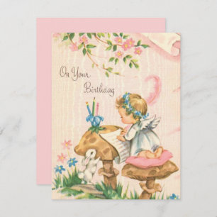 Vintage Retro Birthday Angel On Mushrooms Holiday Card