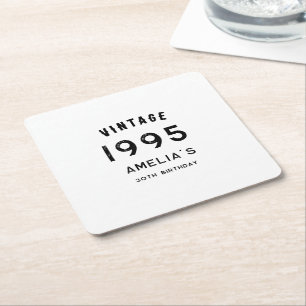 vintage retro Black and white birthday table Square Paper Coaster