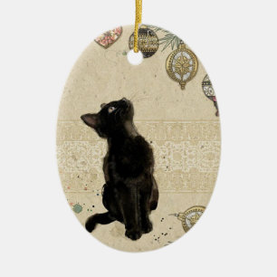 Vintage Retro Black Cat Sees Christmas Ornamants Ceramic Tree Decoration