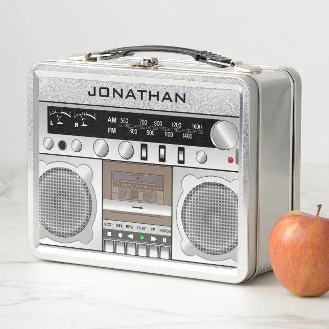 Vintage Retro Boombox Personalised Name Lunch Box (In Situ)