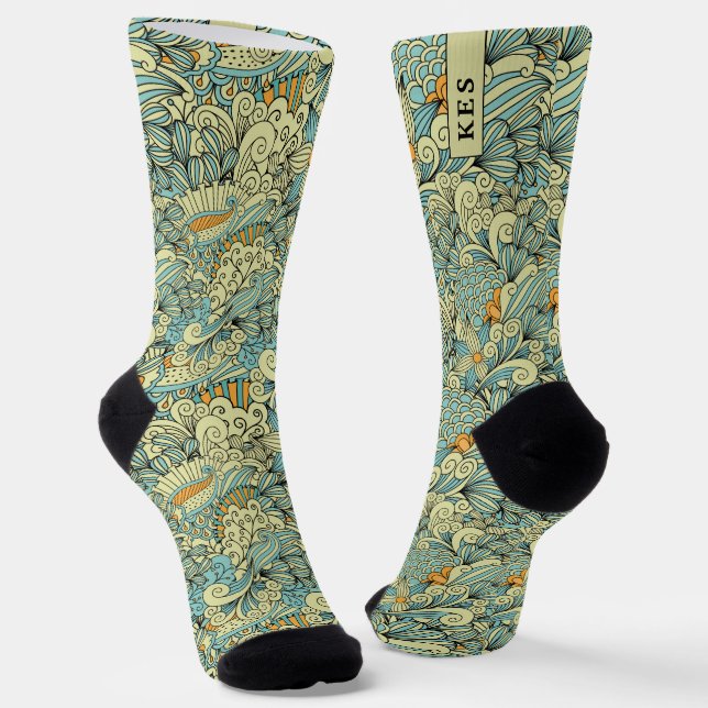 Vintage Retro Botanical Floral Pattern Monogram Socks (Angled)