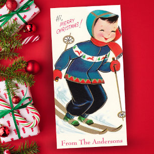 Vintage Retro Boy Skiing Cute Custom Christmas Holiday Card