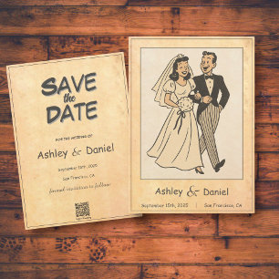 Vintage Retro Bride and Groom 50s Comic Wedding Save The Date
