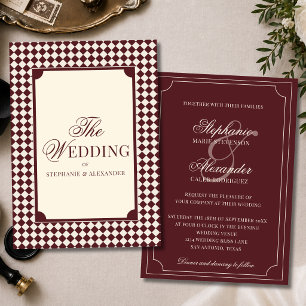 Vintage Retro Burgundy Chequered Old Money Wedding Invitation