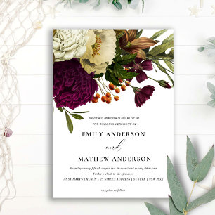 VINTAGE RETRO BURGUNDY YELLOW FLORAL BUNCH WEDDING INVITATION