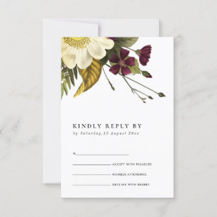 VINTAGE RETRO BURGUNDY YELLOW FLORAL WEDDING RSVP CARD
