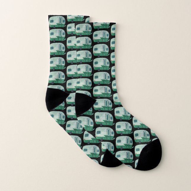 Vintage Retro Camper Trailer Green on Black Socks (Pair)