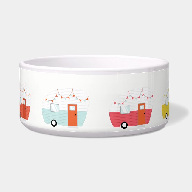 Vintage Retro Camper Trailer Pet Bowl (Front)