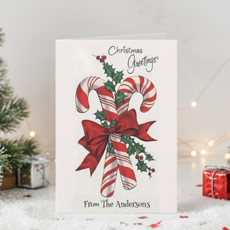 Vintage Retro Candy Cane Christmas Greetings Holiday Card