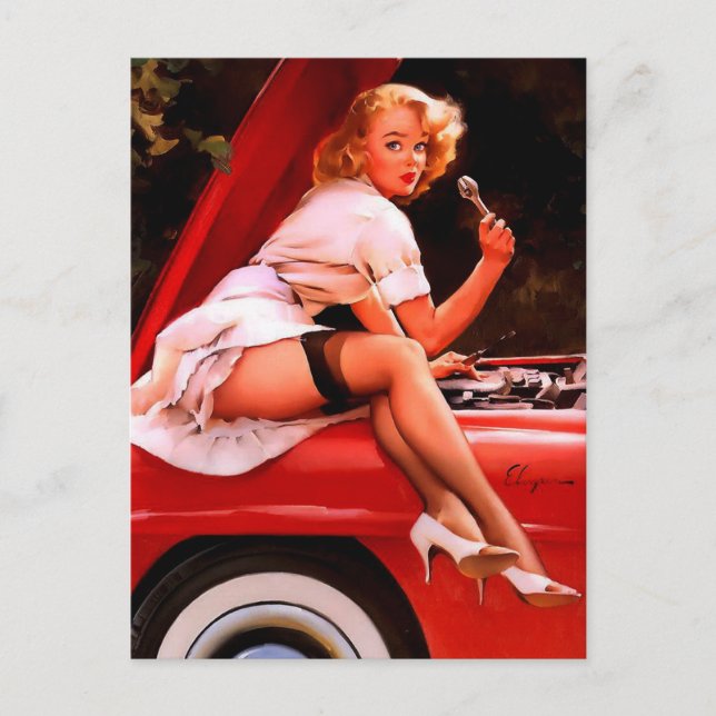 Vintage Retro Car Mechanic Pinup Girl Postcard (Front)